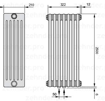 Схема (чертеж) Радиатор Zehnder Charleston 6250/7 №5410 Белый глянцевый RAL 9016